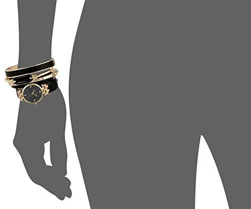 Anne Klein Women's AK/2684BKST Diamond-Accented Gold-Tone and Black Leather Strap Watch and Bangle Set