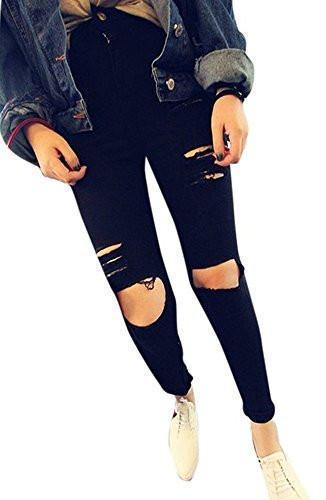 J-DealÂ® High Waist Woman Knee Skinny Pencil Pants Denim Ripped Jeans (Black, M)