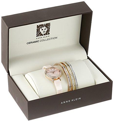 Anne Klein Women's AK/2180BLST Swarovski Crystal Accented Rose Gold-Tone and Blush Pink Ceramic Bangle Watch and Bracelet Set