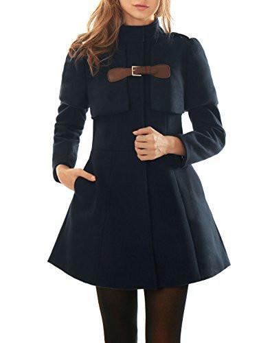 Allegra K Women Buckle fastening Worsted Caped Flare Long Coat Blue S
