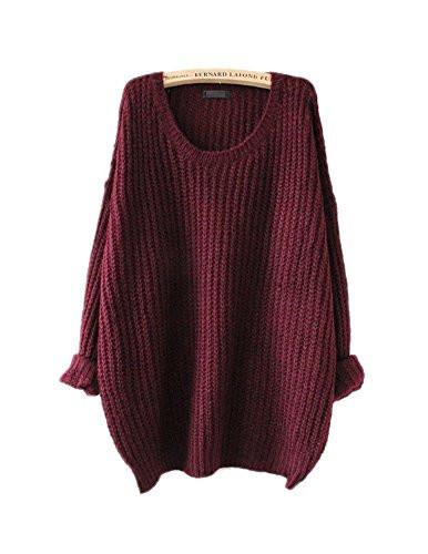 ARJOSA Women's Fashion Oversized Knitted Crewneck Casual Pullovers Sweater (#1 Wine Red)