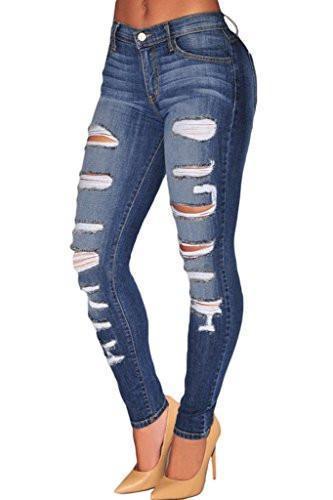 Sidefeel Women Denim Destroyed Whisker Wash Skinny Jeans X-Large Blue