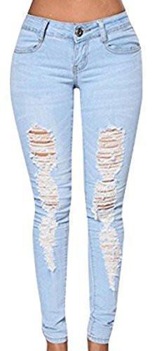 Dellytop Women's Blue Denim Stretch Jeans Destroy Skinny Ripped Distressed Pants, Blue, Large