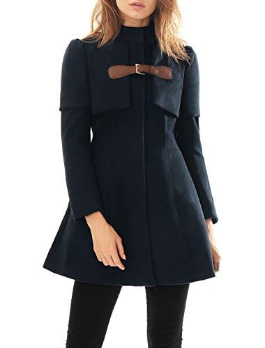 Allegra K Women Buckle fastening Worsted Caped Flare Long Coat Blue S