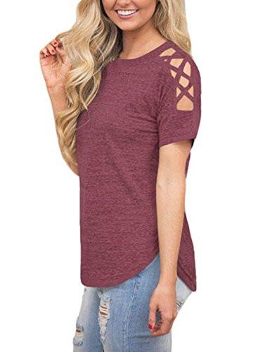Astylish Women Sexy Cold Shoulder Cut Out Blouse Casual T Shirt Tops Red Large