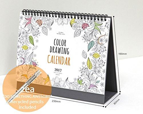 'Color Drawing' 2017 Calendar 12 Months Desk Easel Calendar Wire Bound Coloring Book Planner Organizer Agenda Planner DIY Calendar, 9.4"X7.5" (Gray)