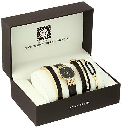 Anne Klein Women's AK/2684BKST Diamond-Accented Gold-Tone and Black Leather Strap Watch and Bangle Set