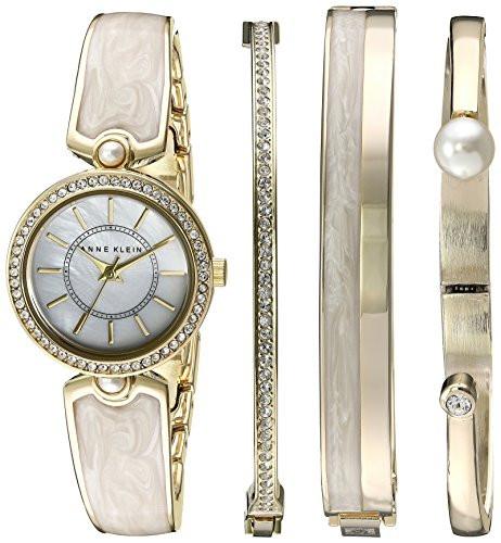 Anne Klein Women's AK/2482IVST Swarovski Crystal Accented Gold-Tone and Ivory Watch and Bangle Set