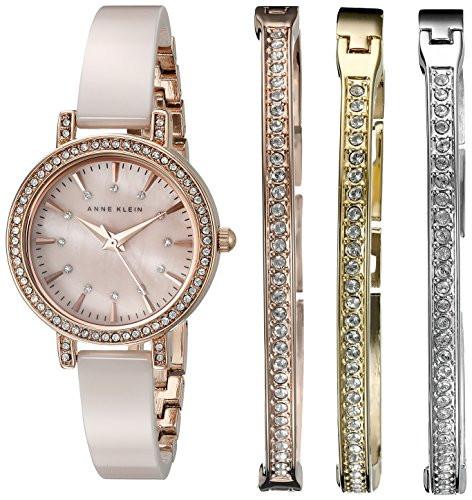 Anne Klein Women's AK/2180BLST Swarovski Crystal Accented Rose Gold-Tone and Blush Pink Ceramic Bangle Watch and Bracelet Set