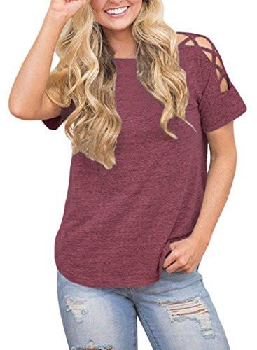 Astylish Women Sexy Cold Shoulder Cut Out Blouse Casual T Shirt Tops Red Large